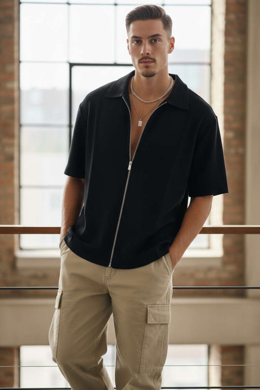 Short Sleeve Shirt with Zipper Detail Black