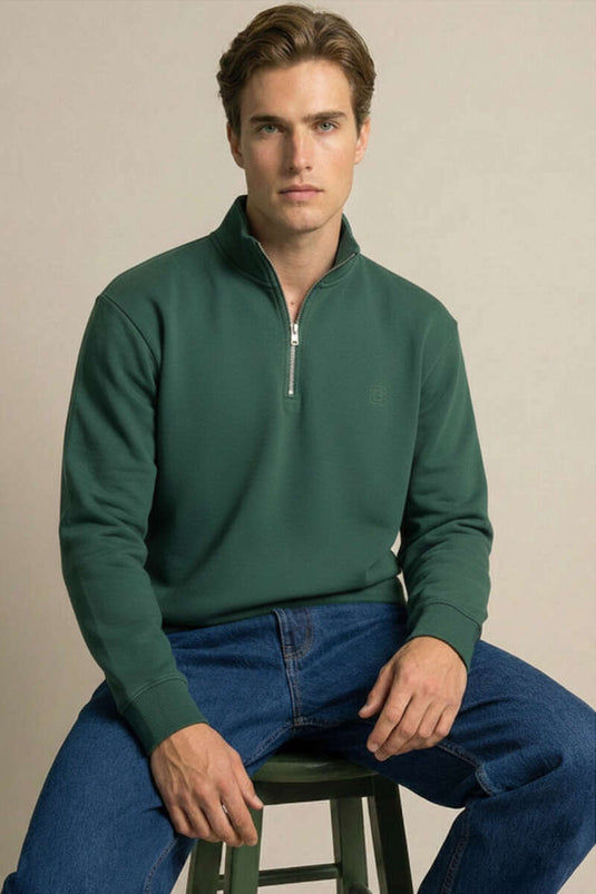 Sudadera para hombre con cuello alto y cremallera, color verde oliva
