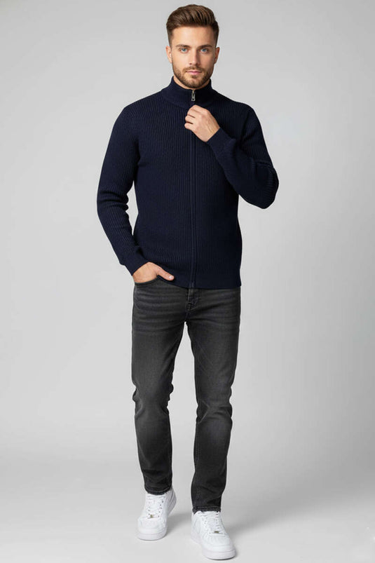 Gilet en maille à col montant zippé pour homme, bleu marine