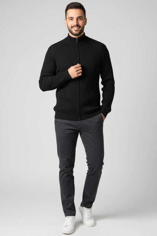 Gilet en maille à col montant et fermeture éclair pour homme, noir