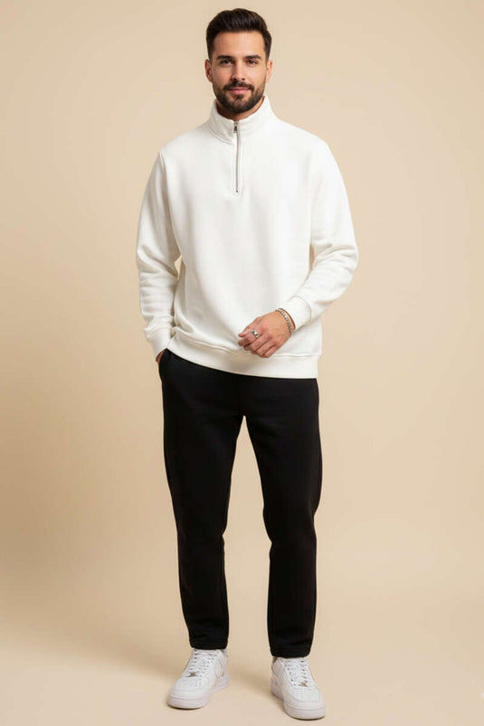 Sweat-shirt zippé à col montant et trois fils, écru