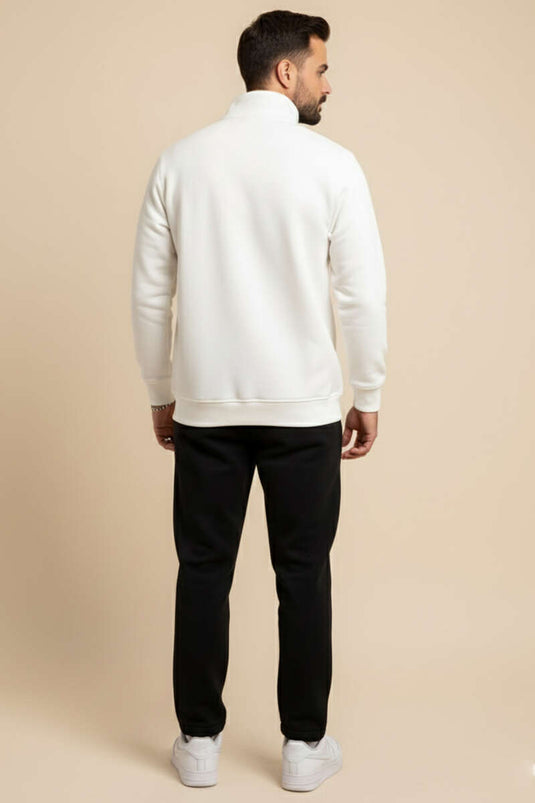 Sweat-shirt zippé à col montant et trois fils, écru