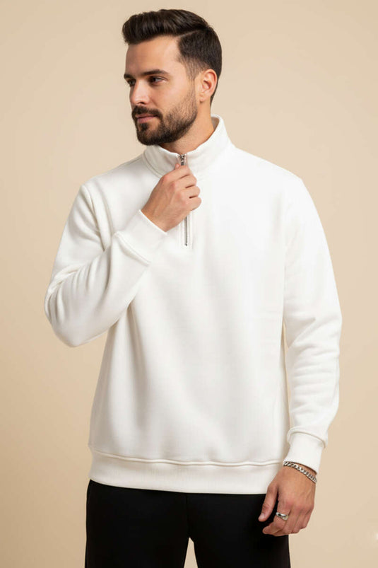 Sweat-shirt zippé à col montant et trois fils, écru