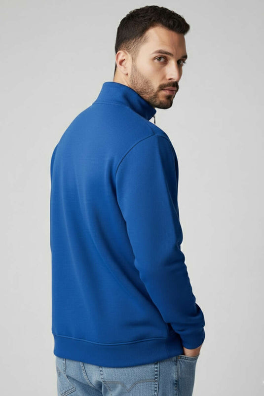Sweat-shirt bleu marine à fermeture éclair et col montant, trois fils