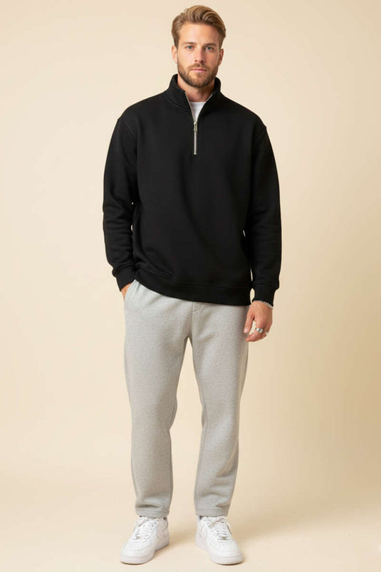 Sweat-shirt noir à fermeture éclair et col montant, trois fils