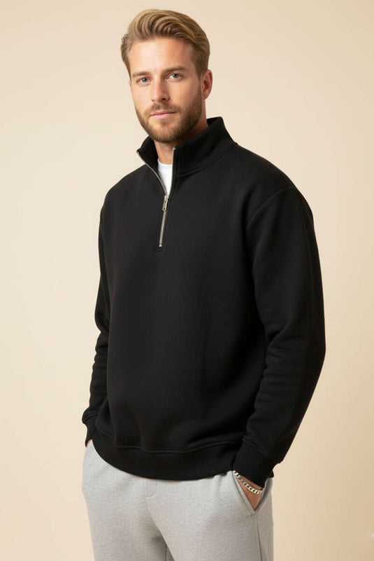 Sweat-shirt noir à fermeture éclair et col montant, trois fils