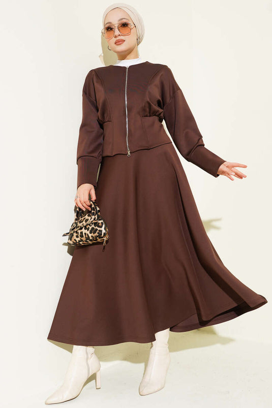 Zip-up Skirt and Scuba Two-Piece Set, Coffee
