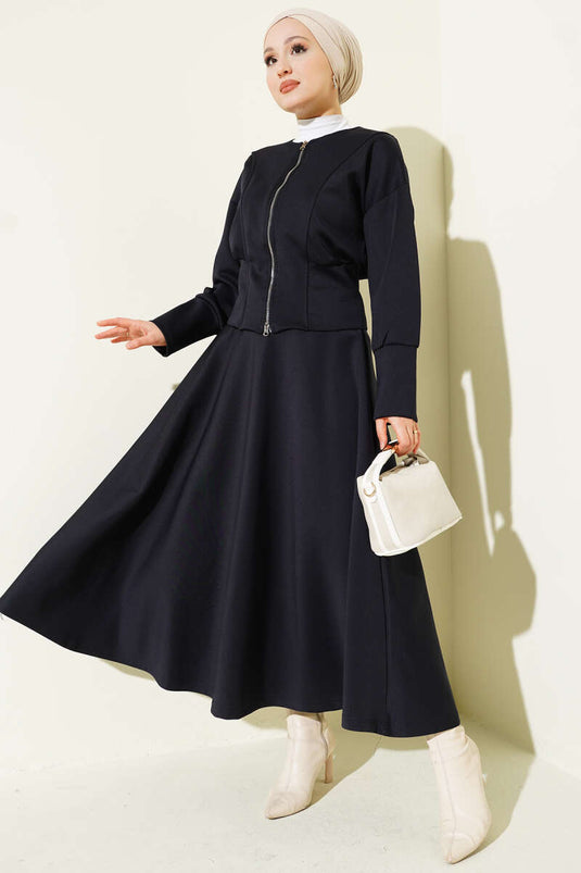 Navy Blue Scuba Two-Piece Set with Zip-Up Skirt