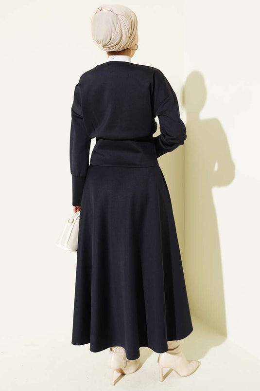 Navy Blue Scuba Two-Piece Set with Zip-Up Skirt