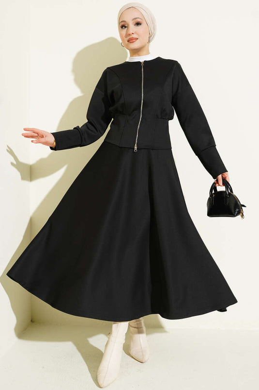 Zip-up Skirt and Scuba Two-Piece Set, Black