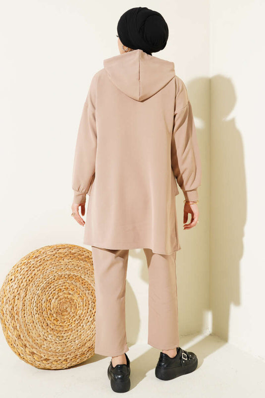 Fermuarlı Fırfırlı Dabıl İkili Takım Bej