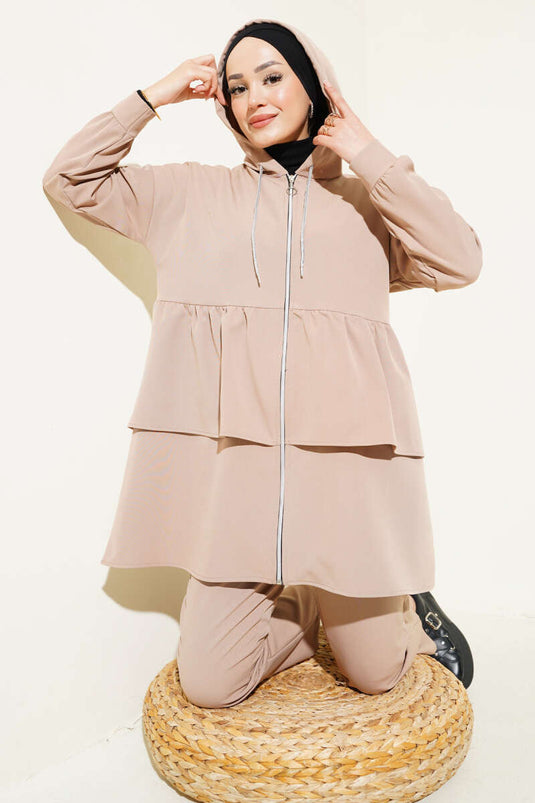 Fermuarlı Fırfırlı Dabıl İkili Takım Bej