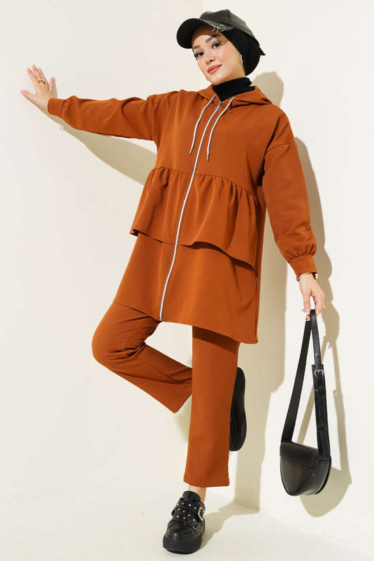 Fermuarlı Fırfırlı Dabıl İkili Takım Taba