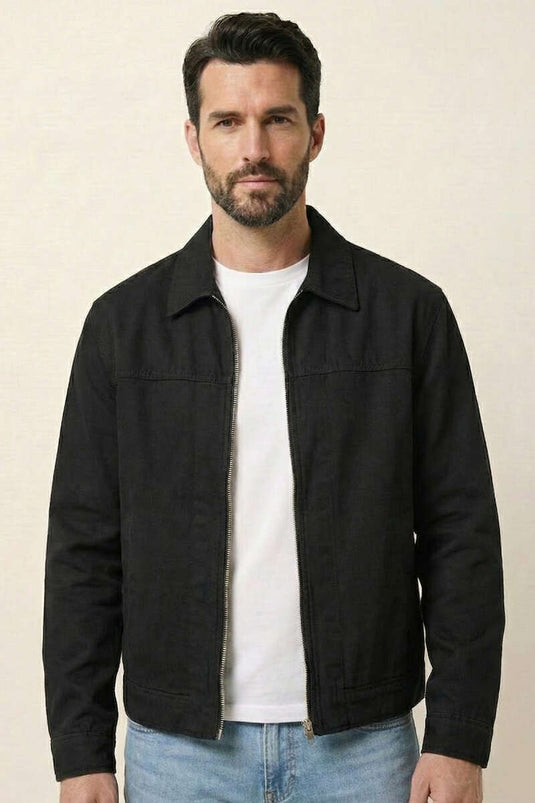 Zippered Twill Men's Jacket Black