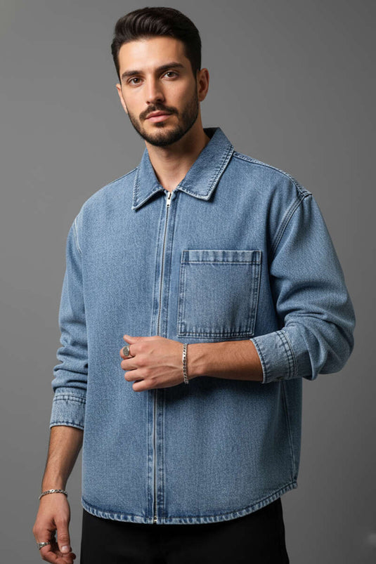 Chemise en gabardine pour homme avec fermeture éclair, bleue