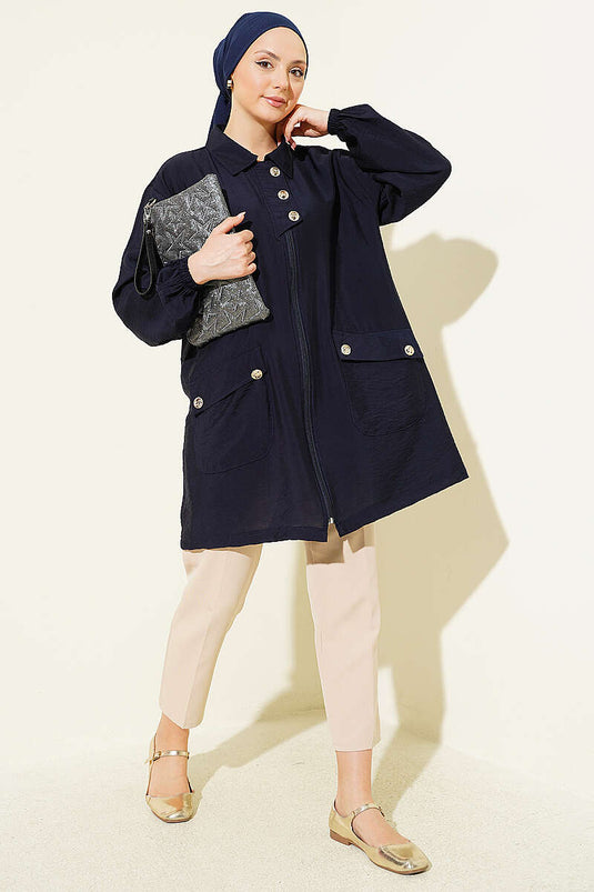 Zippered Shirt Collar Cape Navy Blue