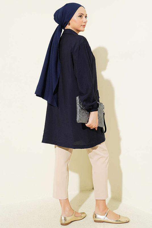 Zippered Shirt Collar Cape Navy Blue