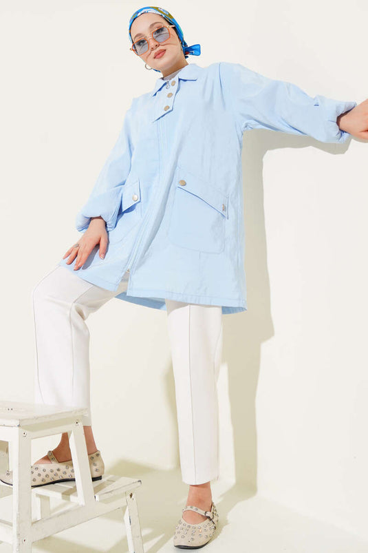 Fermuarlı Gömlek Yaka Kap Mavi