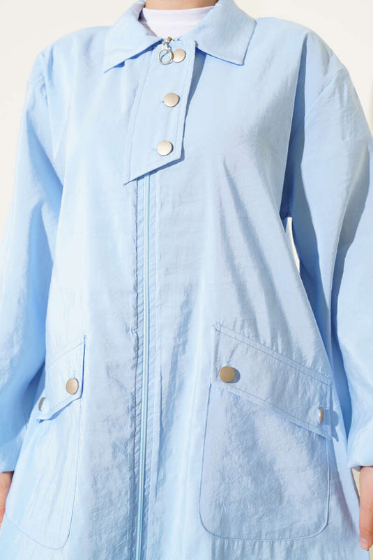 معطف أزرق بسحاب وياقة قميص