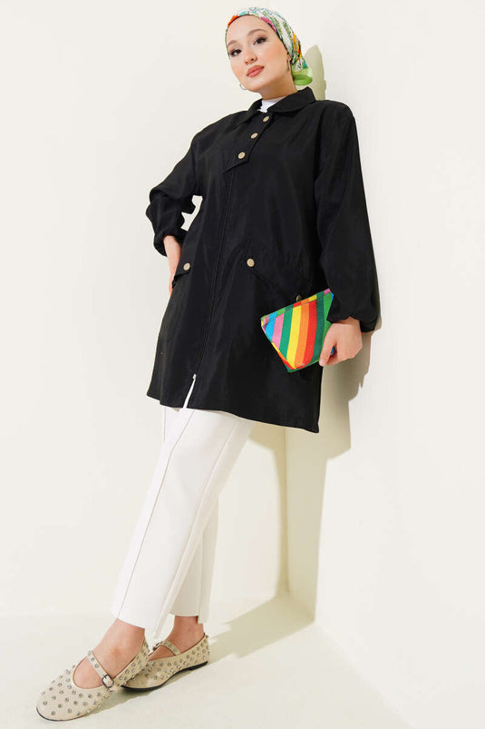 Fermuarlı Gömlek Yaka Kap Siyah