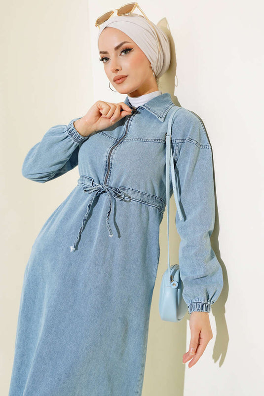 Fermuarlı Gömlek Yaka Kot Elbise Kot Mavisi