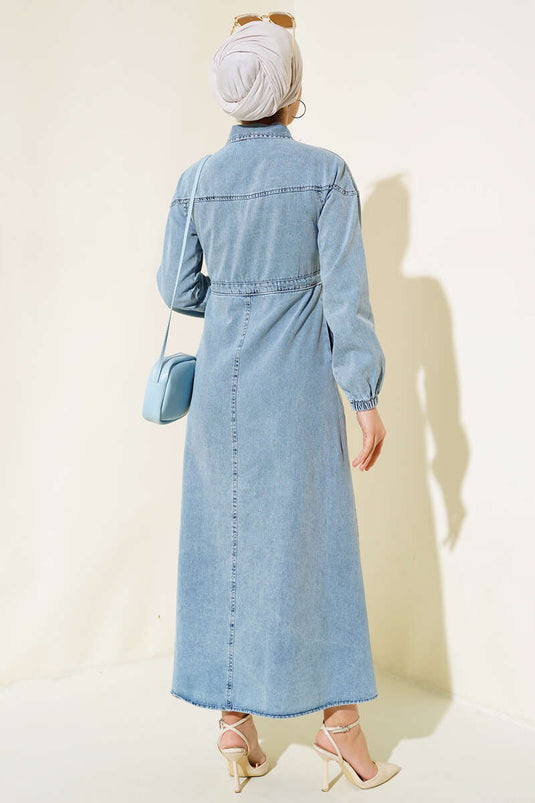 Fermuarlı Gömlek Yaka Kot Elbise Kot Mavisi