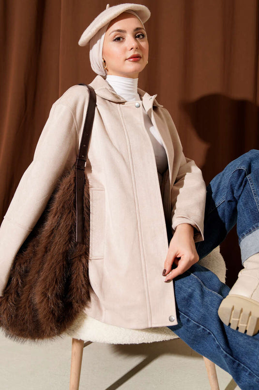 Veste zippée en daim beige à col chemise