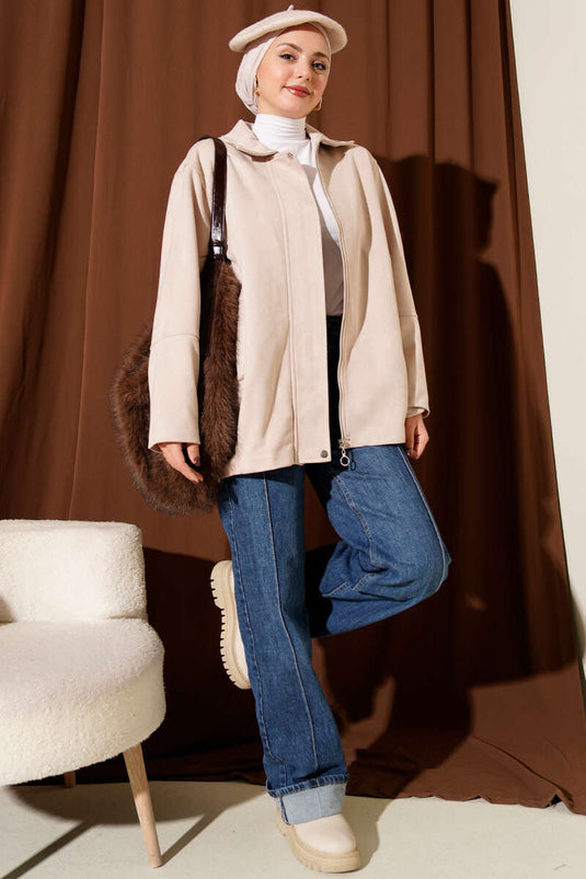 Veste zippée en daim beige à col chemise