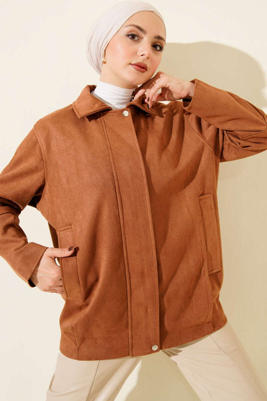 Fermuarlı Gömlek Yaka Süet Ceket Camel