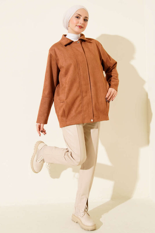 Veste zippée à col chemise en daim, camel