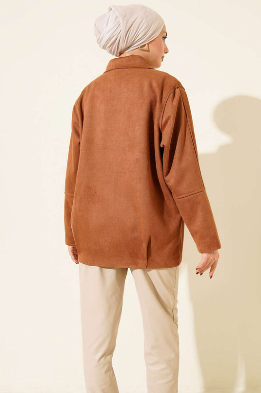 Veste zippée à col chemise en daim, camel