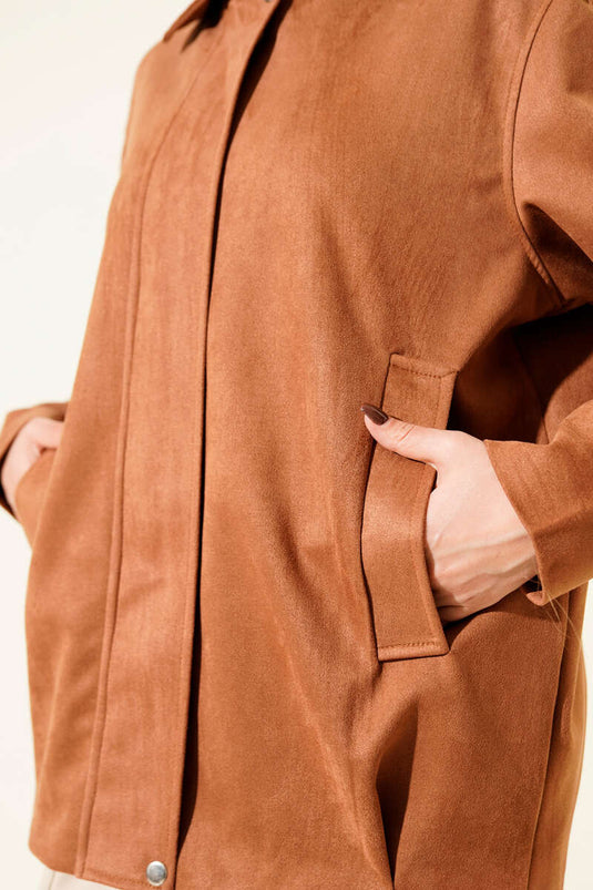 Fermuarlı Gömlek Yaka Süet Ceket Camel