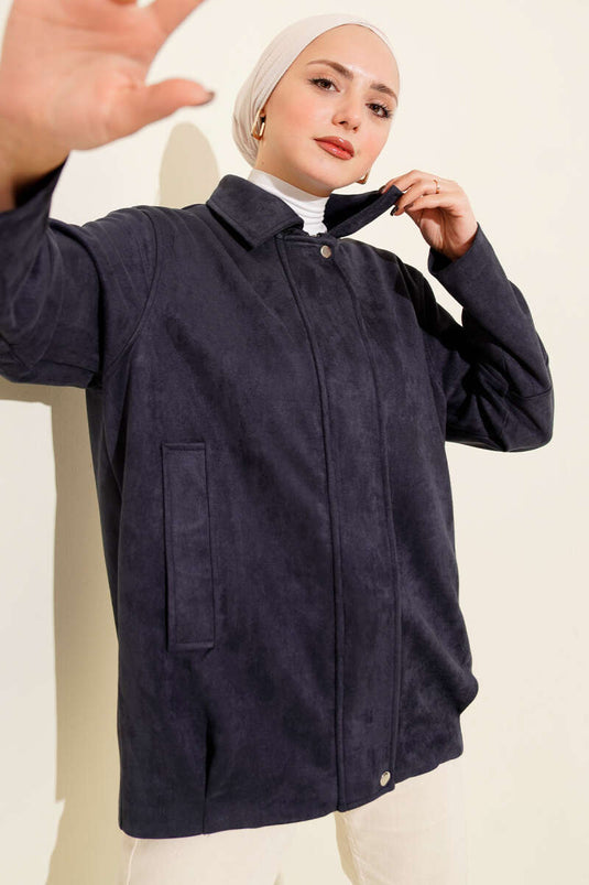 Fermuarlı Gömlek Yaka Süet Ceket Lacivert