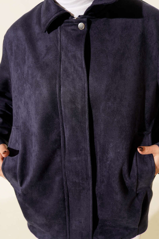 Fermuarlı Gömlek Yaka Süet Ceket Lacivert