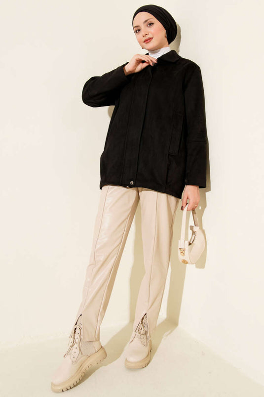 Veste en daim noir à col chemise zippé