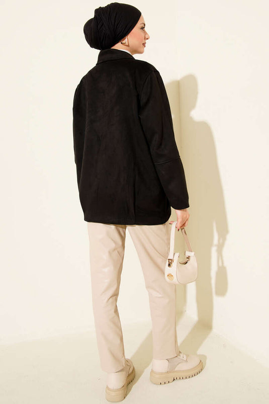 Veste en daim noir à col chemise zippé