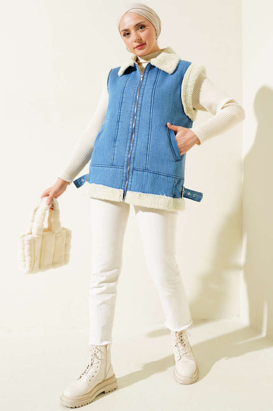 Zippered Denim Vest with Fur Lining in Blue