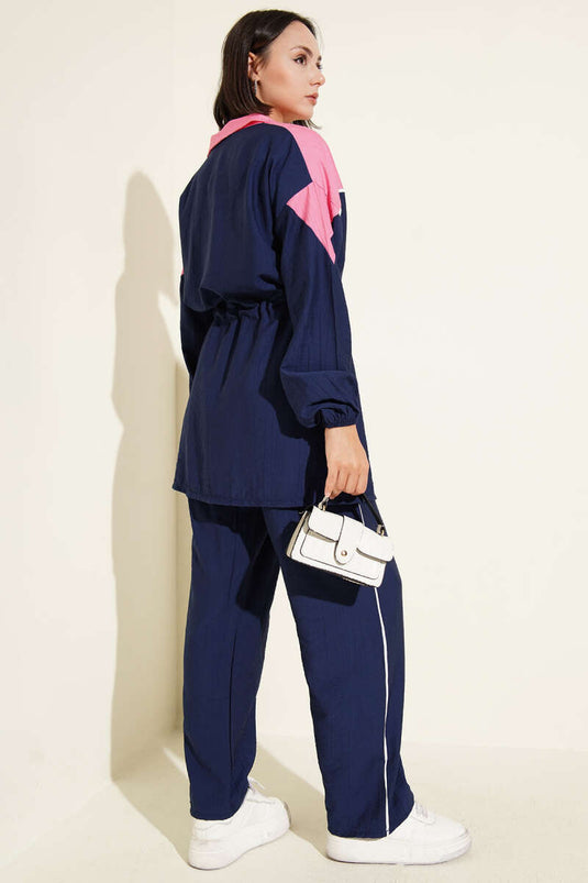 Zippered Rope Detailed Two-Piece Suit Navy Blue