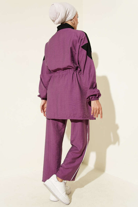 بدلة مكونة من قطعتين بسحاب وحبل مفصل باللون الأرجواني