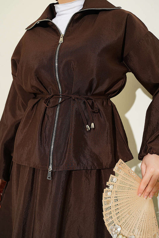 Ensemble parachute avec jupe à ceinture corde et fermeture éclair, couleur café