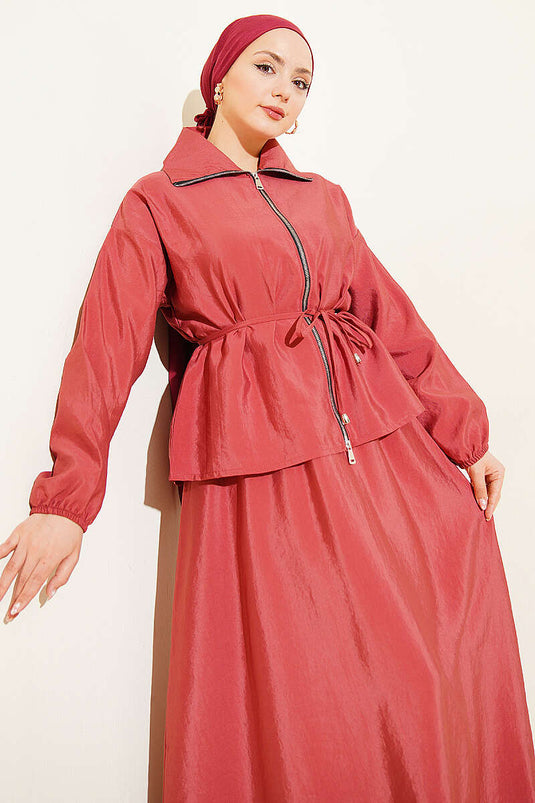 Ensemble parachute avec jupe à ceinture corde et fermeture éclair, corail