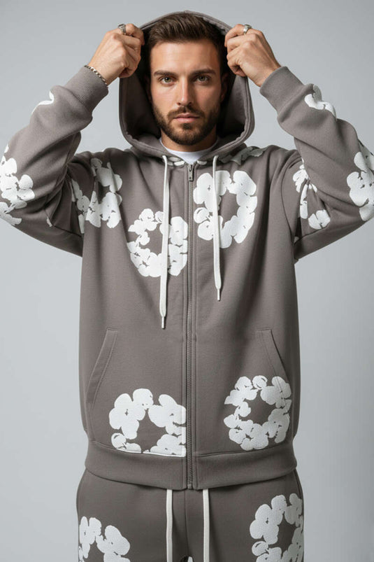 Fermuarlı Kabartma Baskı Erkek Sweatshirt Antrasit