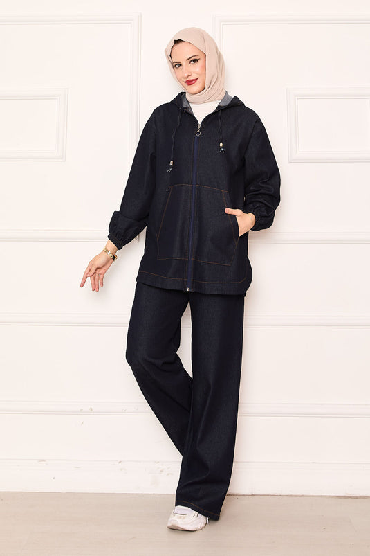 Combinaison en jean à capuche avec poche kangourou zippée, bleu marine