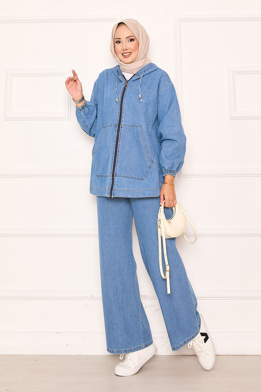 Zippered Kangaroo Pocket Detailed Hooded Denim Set Blue