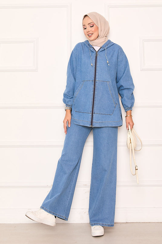 Ensemble en jean à capuche et poche kangourou zippée, bleu