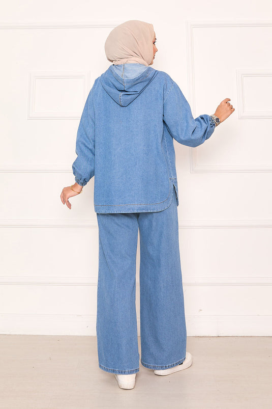 Zippered Kangaroo Pocket Detailed Hooded Denim Set Blue