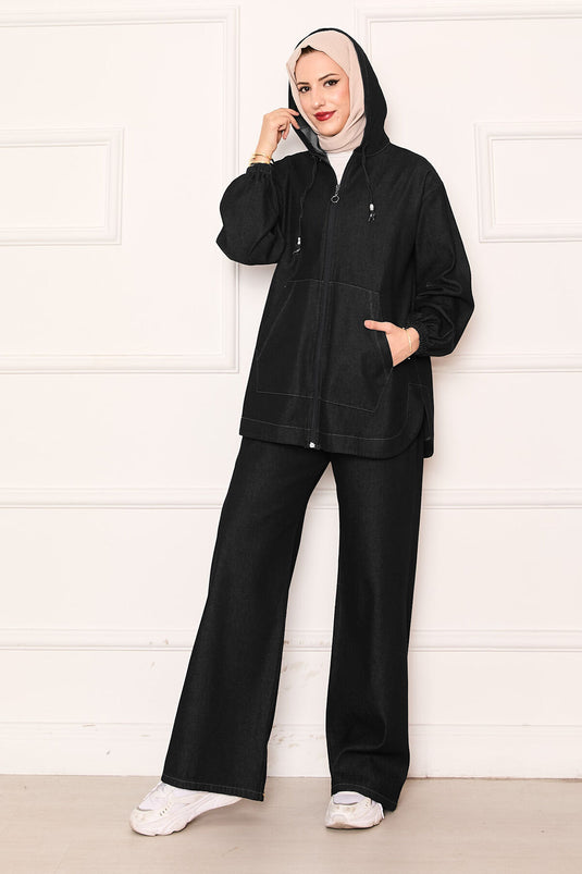 طقم جينز بقبعة مع جيب كنغر بسحاب أسود