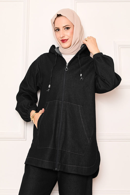 طقم جينز بقبعة مع جيب كنغر بسحاب أسود