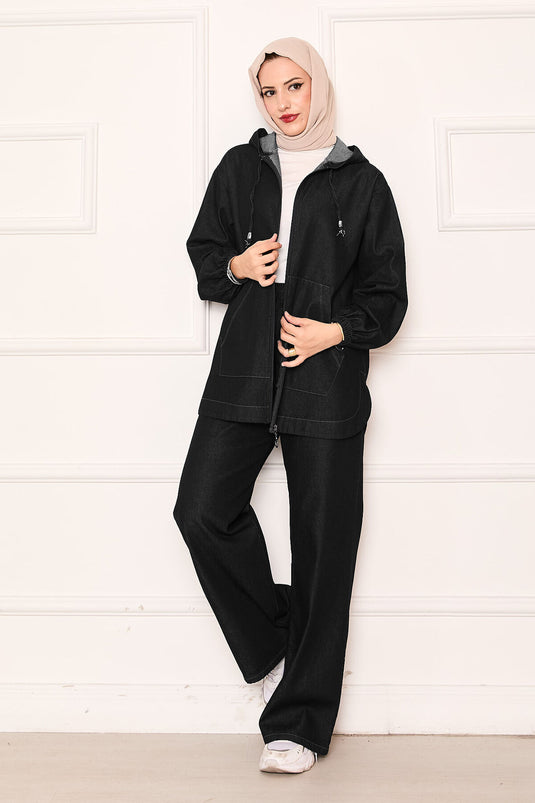 طقم جينز بقبعة مع جيب كنغر بسحاب أسود