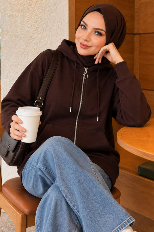 Bruine Hoodie Met Rits En Kangaroezakken
